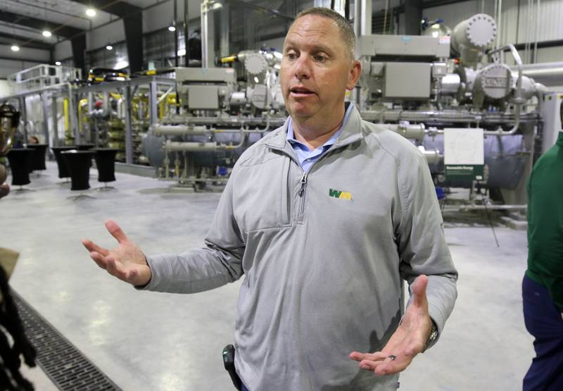 Brian Snyder, director of operations for Waste Management renewable energy, talks Tuesday, April 22, 2025, inside the new Waste Management renewable natural gas facility at the landfill in DeKalb. The facility converts collected landfill gas to lower-emission renewable natural gas which can be used to power homes and natural gas powered vehicles.