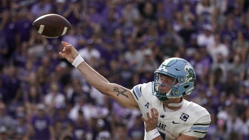 Tulane quarterback Michael Pratt passes during the second half of an NCAA college football game against Kansas State Saturday, Sept. 17, 2022, in Manhattan, Kan. Tulane won 17-10. (AP Photo/Charlie Riedel)