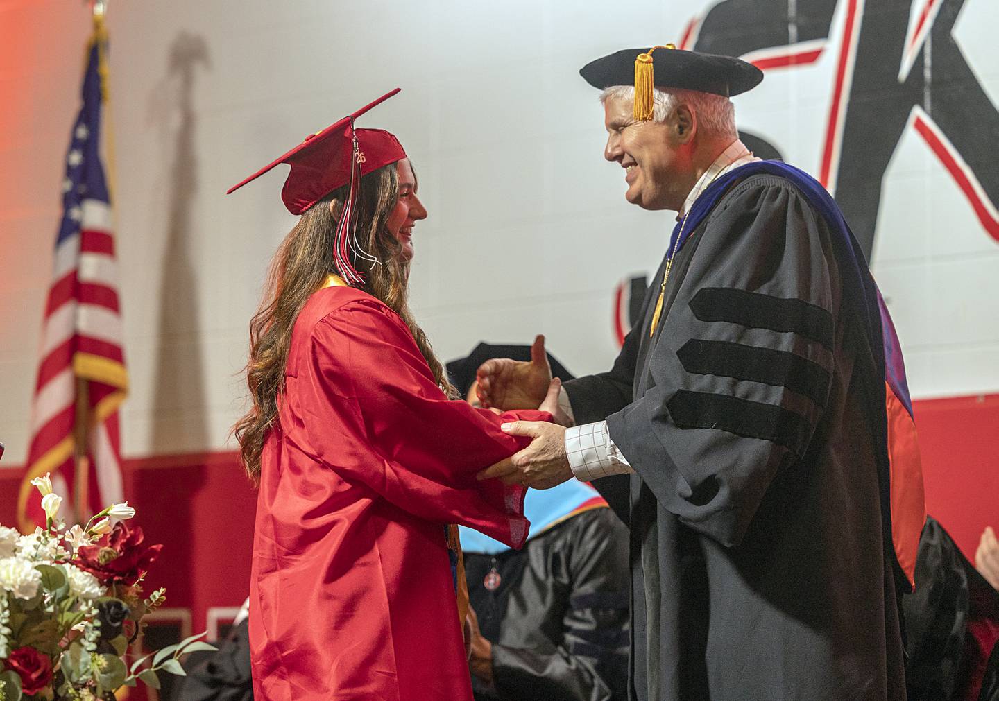 Student speaker Briah Merriman is congratulated by SVCC President Dr. David Hellmich Friday, May 15, 2026, during the school’s commencement ceremony.