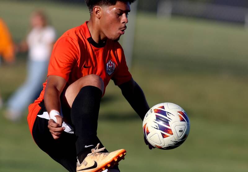 Crystal Lake Central’s Joshua Hernandez corrals the ball against Burlington Central in varsity soccer on Thursday Sept. 26, 2024, at Crystal Lake Central High School in Crystal Lake.