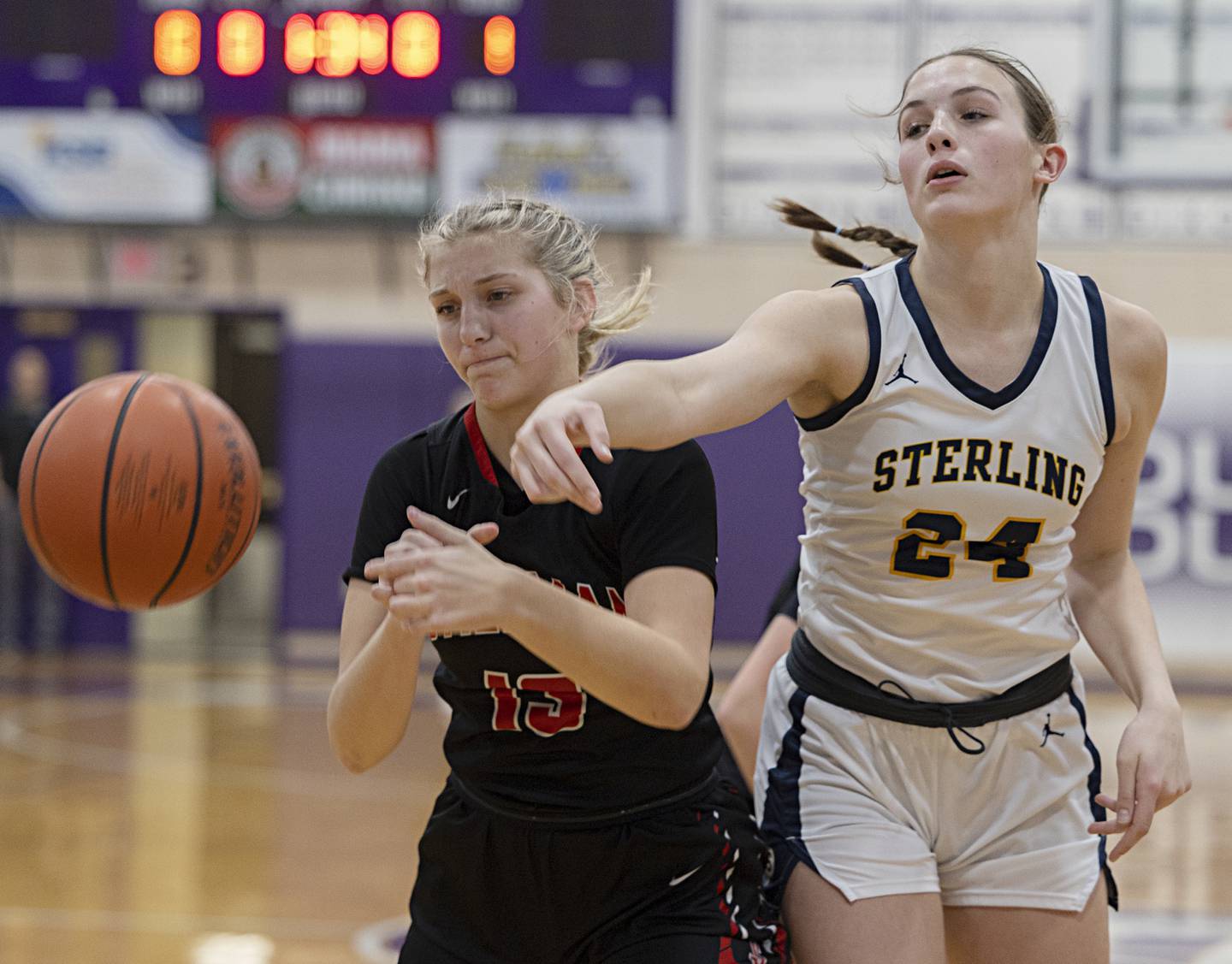 Sterling’s Madison Austin smacks the ball away from Stillman Valley’s Mya Janssen Thursday, Dec. 28, 2023 at the Dixon KSB Holiday tournament.