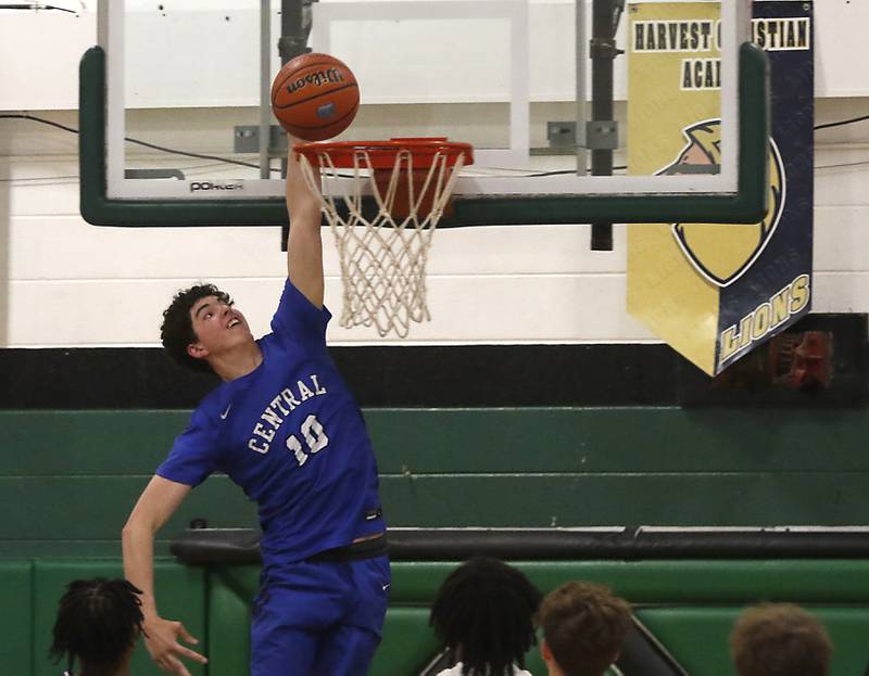 Burlington Central's Myles Lowe dunks the ball during the boy’s game of McHenry County Area All-Star Basketball Extravaganza on Sunday, April 14, 2024, at Alden-Hebron’s Tigard Gymnasium in Hebron.