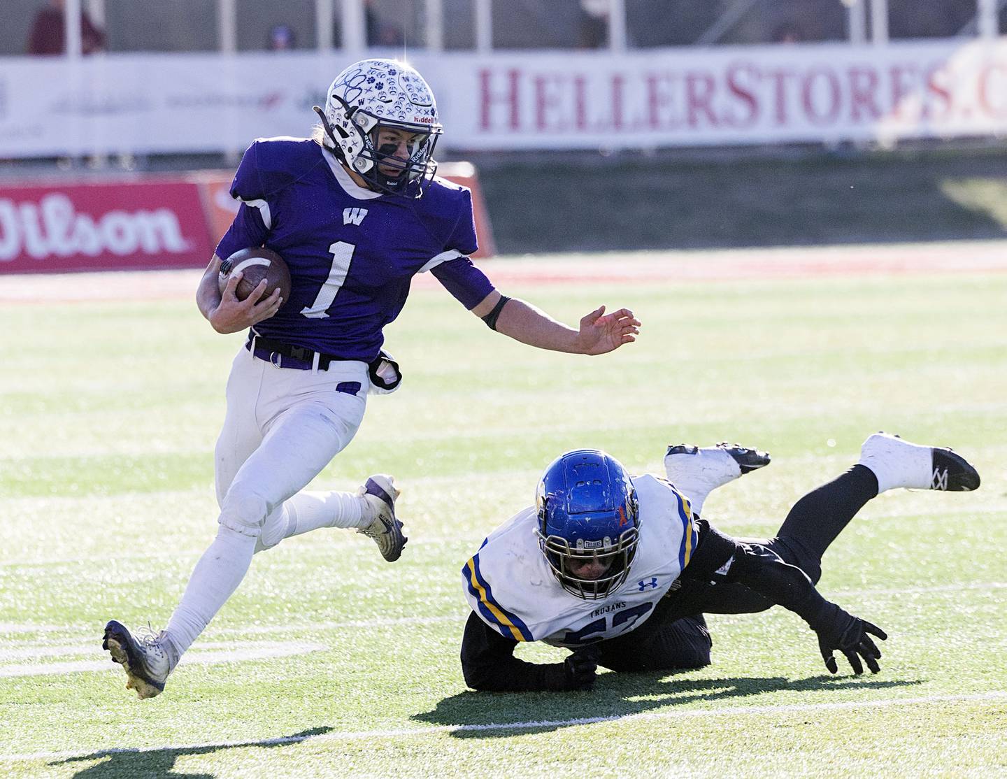 Wilmington's Billy Moore picks up yards against Maroa-Forsyth Friday, Nov. 28, 2025, in the Class 2A football finals at Hancock Stadium at ISU.