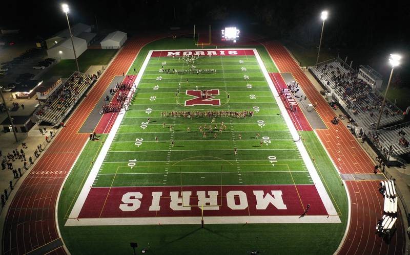 An aerial view of the Morris football field during the Class 5A playoff game between Morris and La Salle-Peru on Friday, Oct. 28, 2022, in Morris.