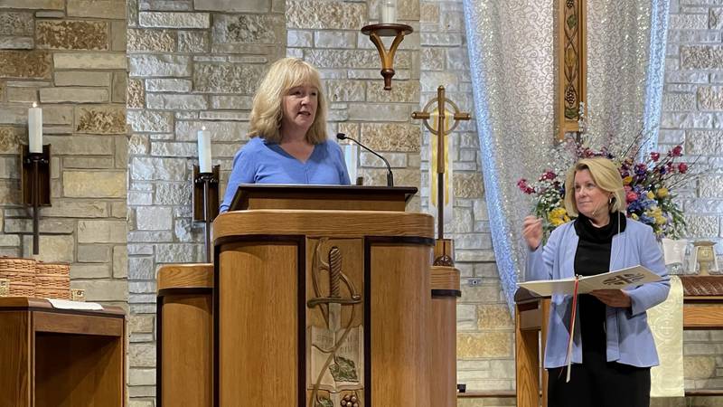 CHIP IN Batavia Co-Chair Melinda Kintz spoke before the Bethlehem Lutheran Church congregation during a service on April 21, 2024, in St. Charles.