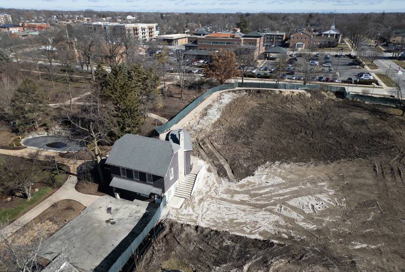 Demolition is complete on Lombard's former Helen Plum library at 110 W. Maple St. next to Lilacia Park (on left).