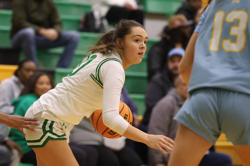 Providence’s Liv Anderson works the ball against Joliet Catholic on Saturday, Dec. 5, 2025 in New Lenox.