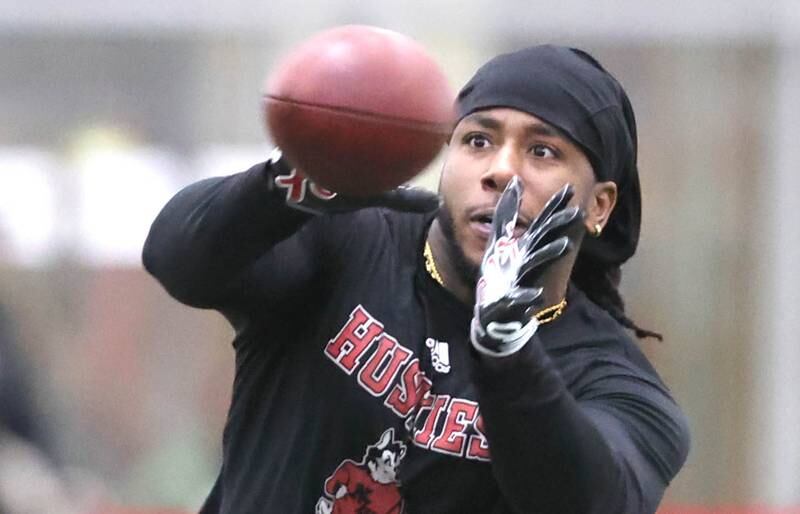 Former Northern Illinois University linebacker Kyle Pugh catches a pass during a drill Thursday, March 23, 2023, during pro day in the Chessick Practice Center at NIU. Several NFL teams had scouts on hand to evaluate players ahead of the upcoming draft.
