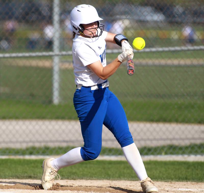 Geneva's Kaitlyn Sprague makes contact during a game on Tuesday, May 6, 2025 against Batavia in Batavia.