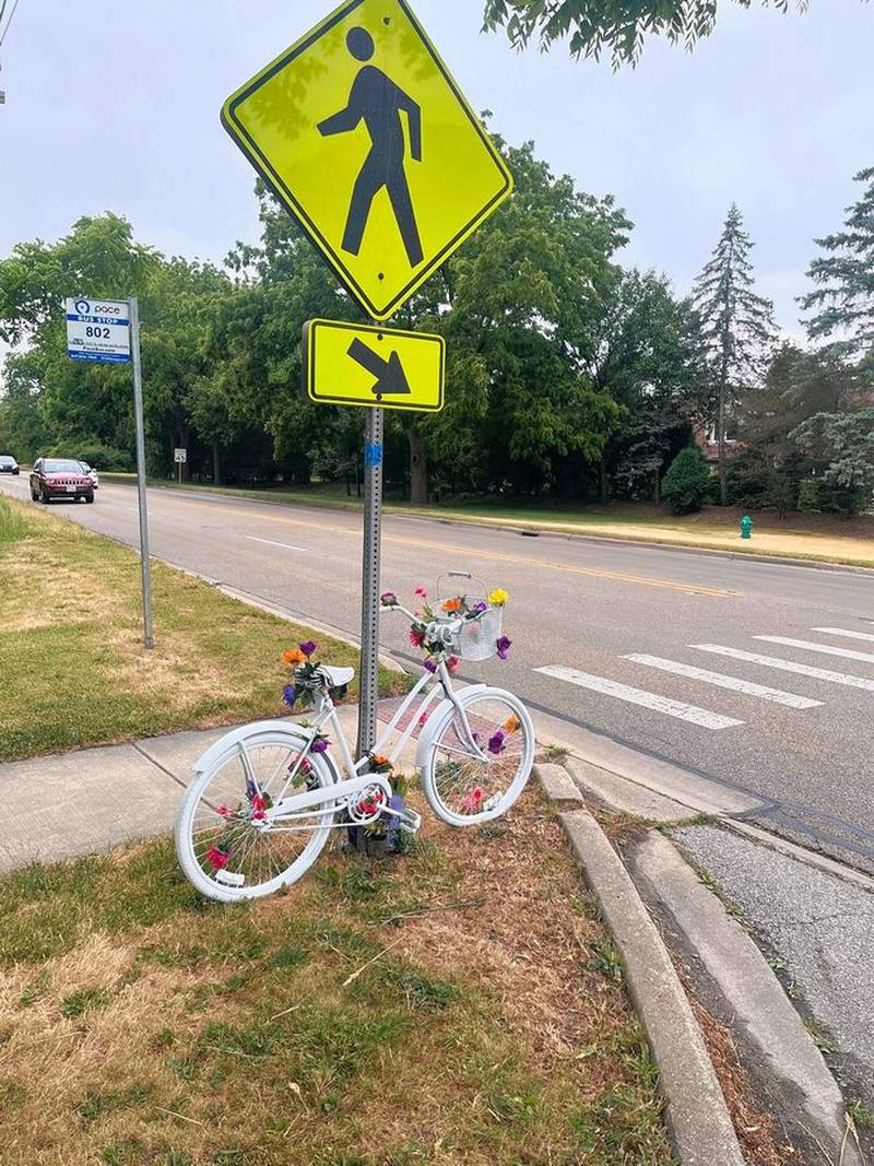 A memorial bicycle has been placed at the entrance to Les Arends Forest Preserve at Millview Drive and South Batavia Avenue (Route 31) in Batavia. Emily White died May 26, several days after she was hit by a car while crossing the intersection.