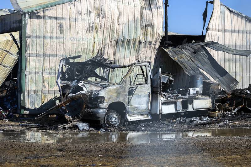 Burned-up remains are left at the scene of a fire Thursday, Feb. 27, 2025, in Sterling. The fire broke out early Thursday morning at 25590 W. Rock Falls Road.