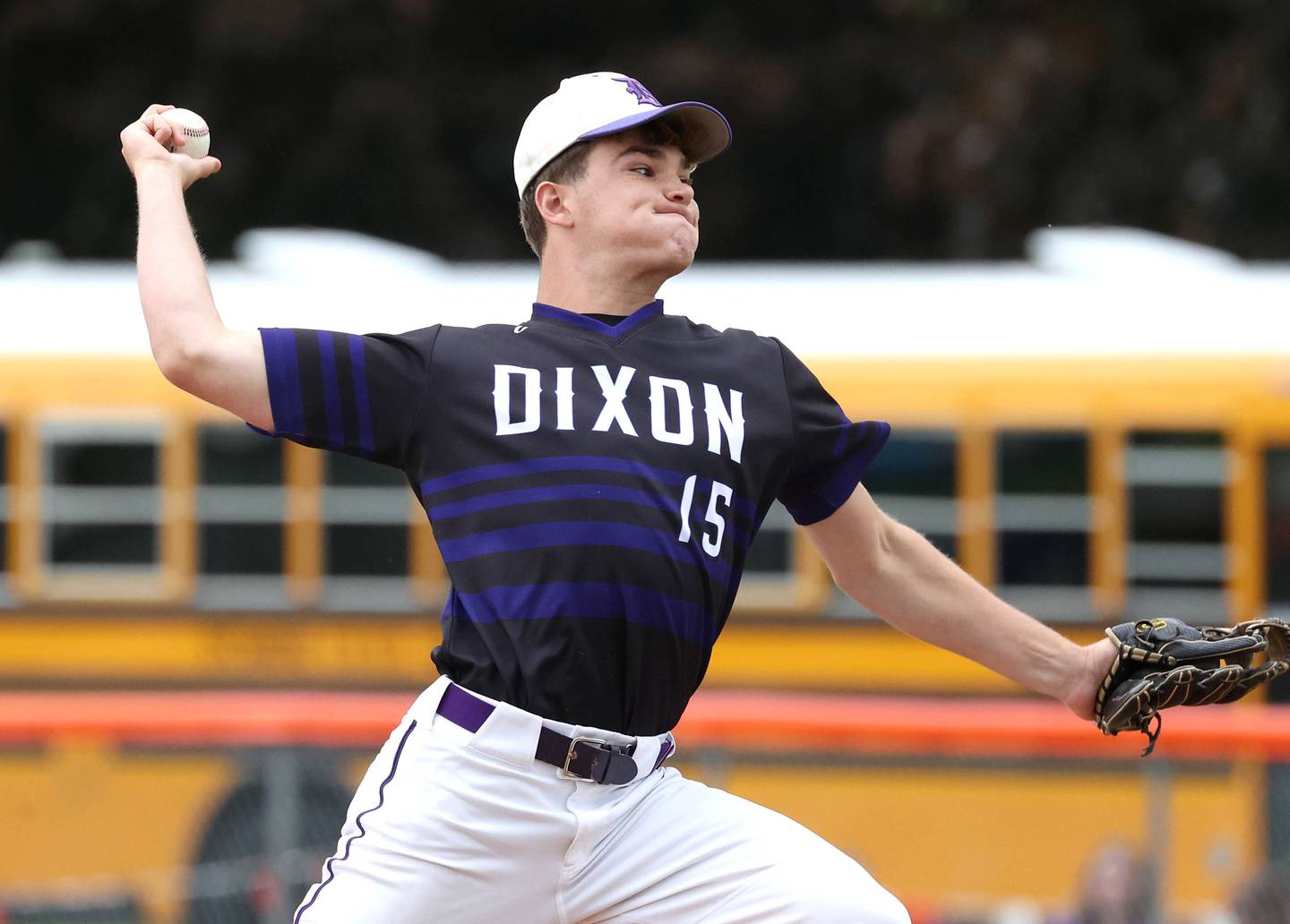 Dixon’s Daniel Fordham delivers a pitch Thursday, May 29, 2025, during their Class 3A regional semifinal game against Sycamore at Freeport High School.
