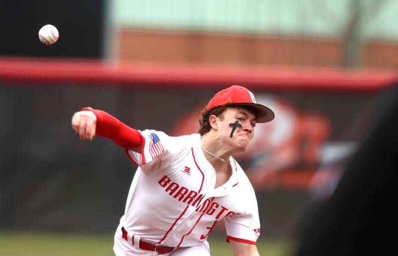 Barrington’s Will Nazha makes an offering against Huntley in varsity baseball at Barrington Saturday.