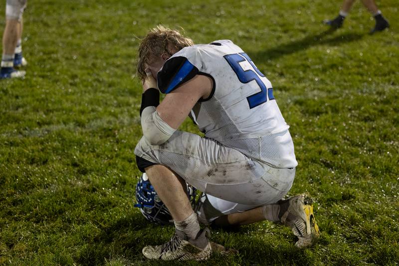 Clifton Central senior Brody O'Connor takes a moment after the game as the Comets lost 43-14 to Dwight in second round playoffs on Saturday, Nov. 8, 2025.