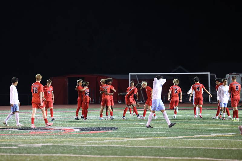 Bradley-Bourbonnais players celebrate as the game ends during the Boilermakers' 1-0 victory over Kankakee in the All-City matchup on Tuesday, Sept. 9, 2025.