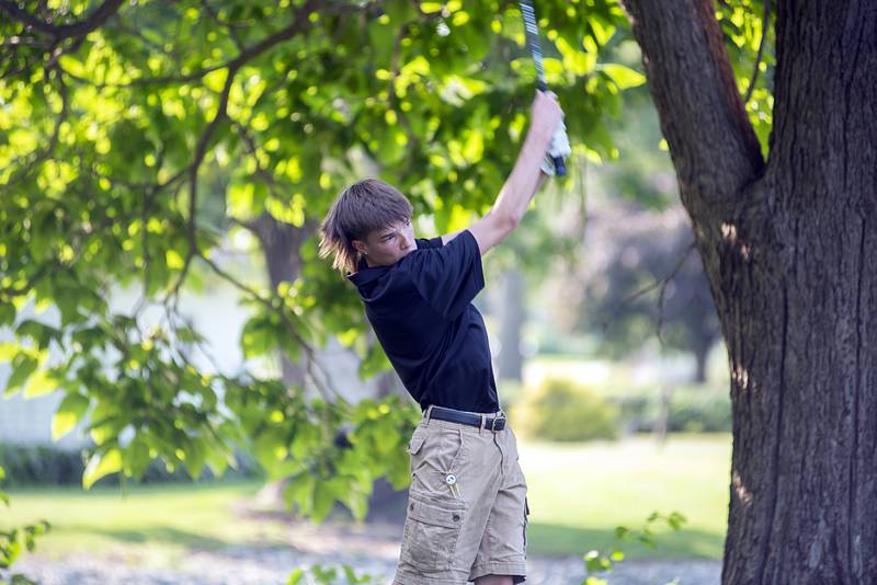 Rock Falls’ Jayce Ericks drives off the #5 tee against Sterling on Sept. 14, 2022.