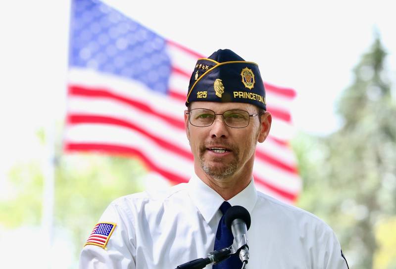 Navy veteran David Ohlson served as Master of Ceremonies for Princeton's Memorial Day service at Soldiers & Sailors Park in Princeton on Monday, May 26, 2025.