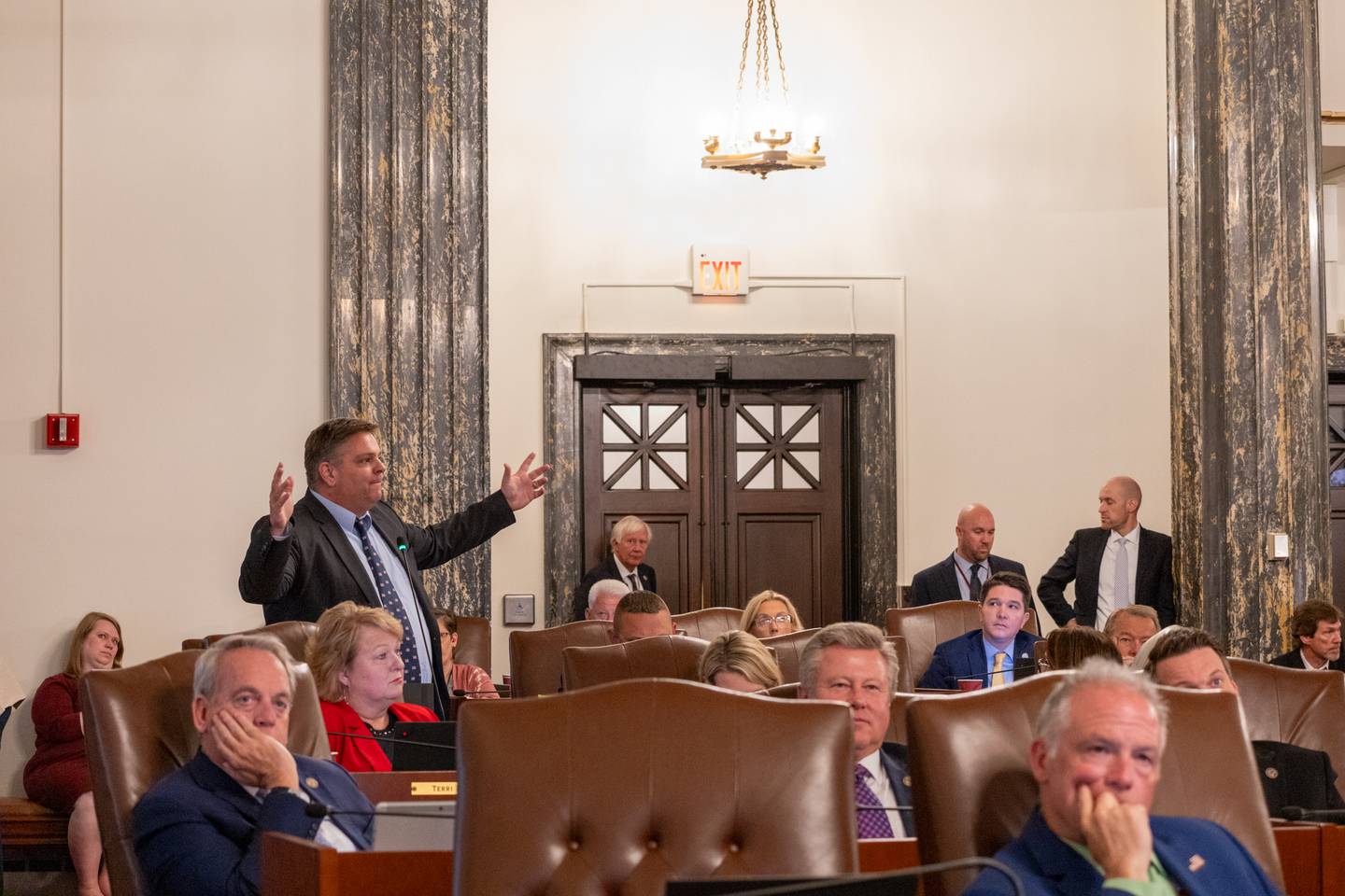 Sen. Chapin Rose, R-Mahomet, delivers a heated speech against a bill that would regulate carbon capture technology, which he thinks poses a risk to the drinking water in his district.