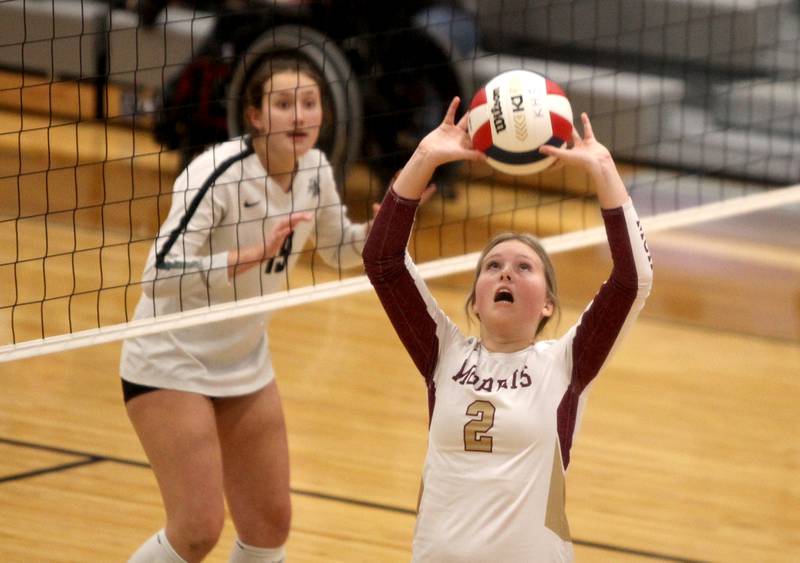 Hayley Dunne (2) of Morris sets the ball during a game at Kaneland on Thursday, Oct. 13, 2022.