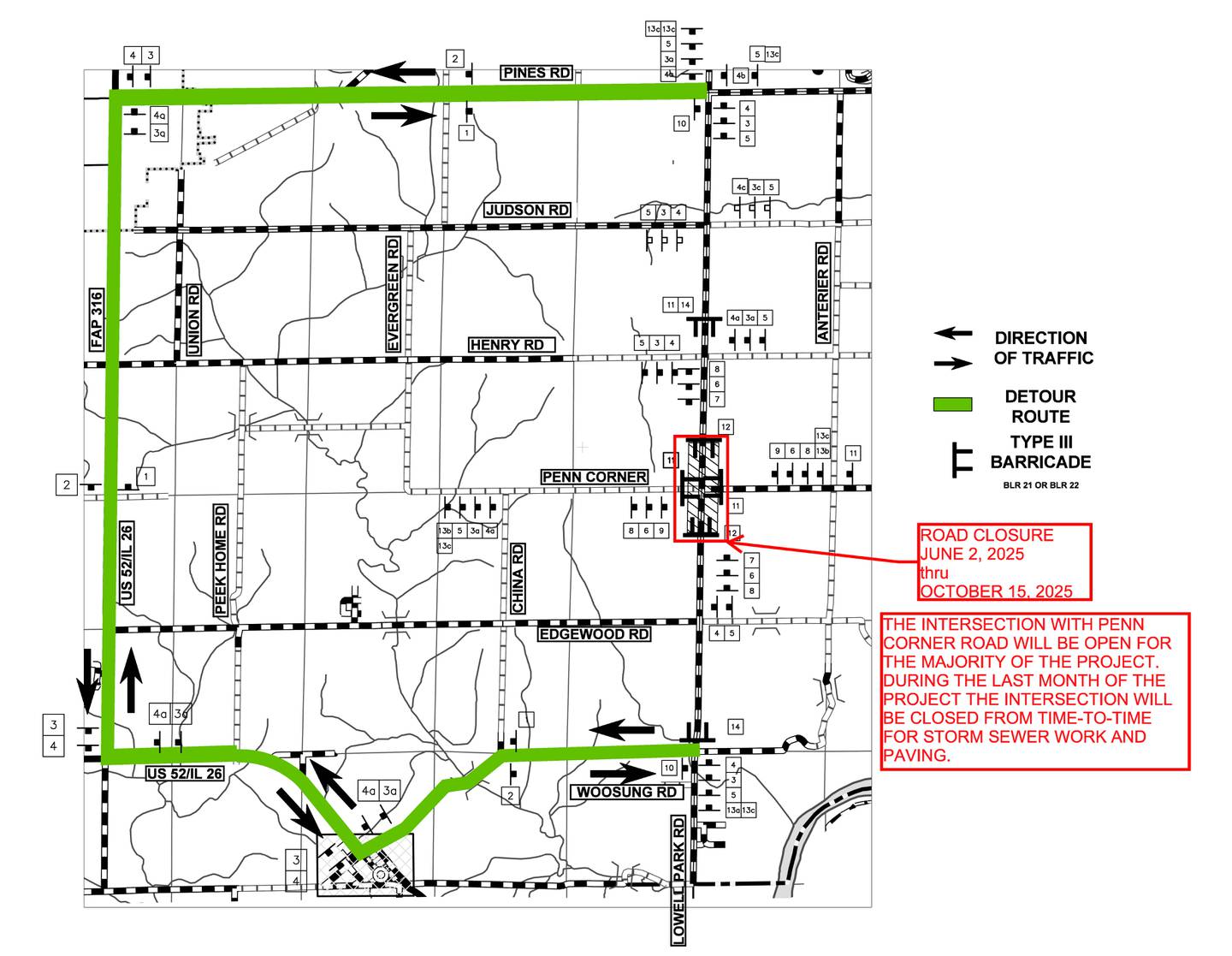 The detour route for Lowell Park.