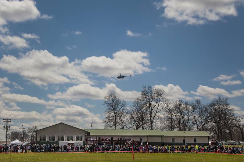 The helicopter circles the church before making it's first payload pass.