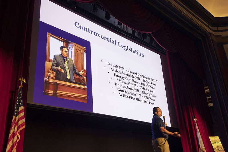 A slide displays some of the legislation State Sen. Li Arellano discussed Tuesday,  June 24, 2025, during his town hall meeting at The Dixon Historic Theatre.