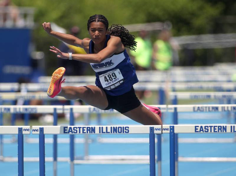 Newark’s Kiara Wesseh competes in the 1A 100-meter hurdles during the IHSA State Track and Field Finals at Eastern Illinois University in Charleston on Saturday, May 20, 2023.