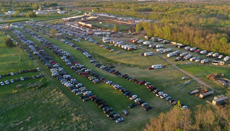 Thousands of cars fill the parking lot during the season opening race on Tuesday, May 6, 2025 at La Salle Speedway.