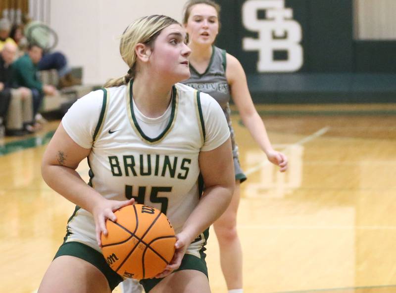 St. Bede's Savannah Bray looks to pass the ball against Midland on Thursday, Dec. 4, 2025 at St. Bede Academy.