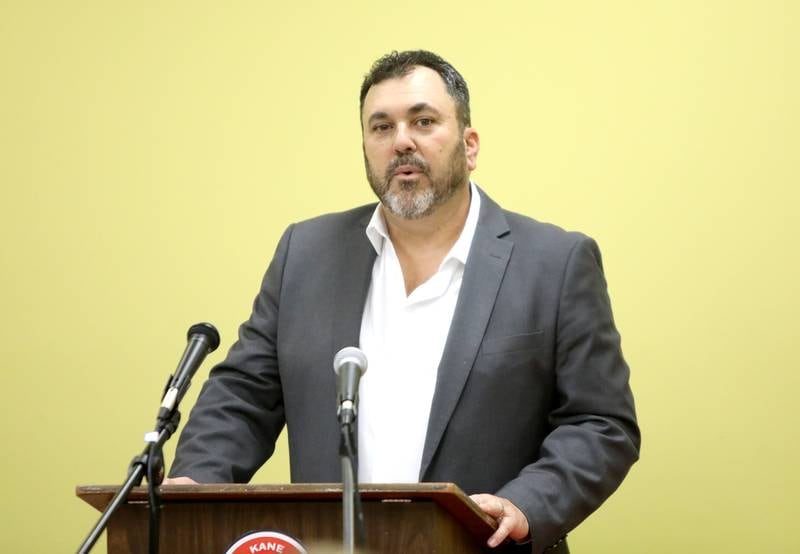 Andro Lerario introduces 2024 primary election candidates during a press conference at the Kane County Republican Central Committee headquarters in St. Charles on Wednesday, Jan. 3, 2024.