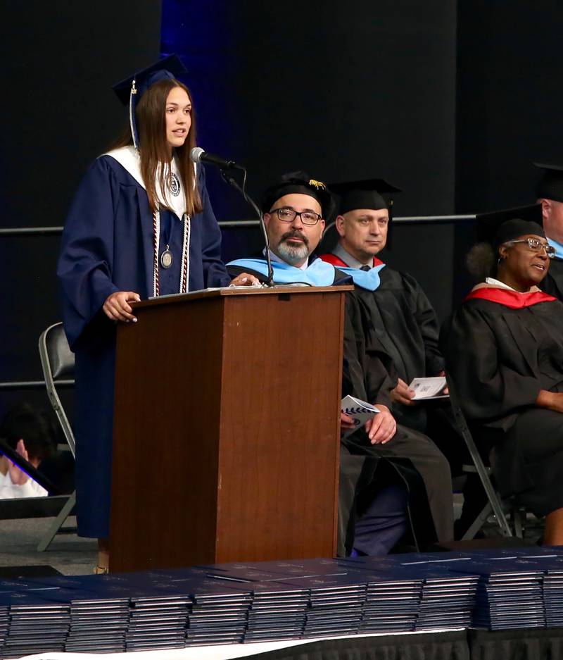 Student Keynote Speaker Nicole Stone speaks at the Oswego East High School Class of 2024 Commencement Ceremony on Saturday, May 18, 2024 in DeKalb.