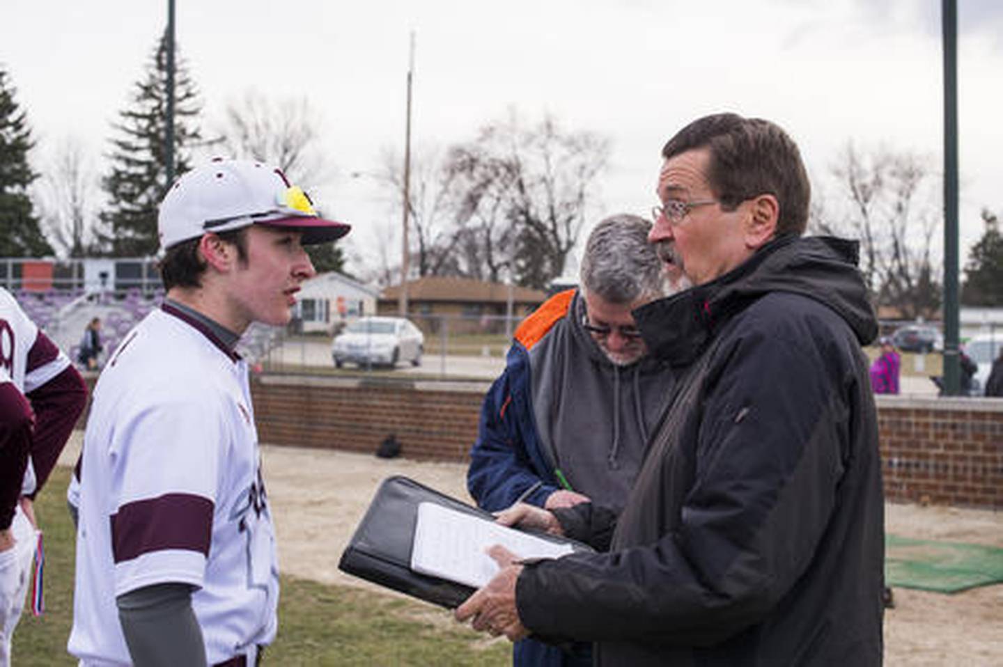 Joliet Herald News sports reporter Dick Goss interviews Lockports MVP Colkin Woulfe, Saturday at Ed Flink Field in Lockport.