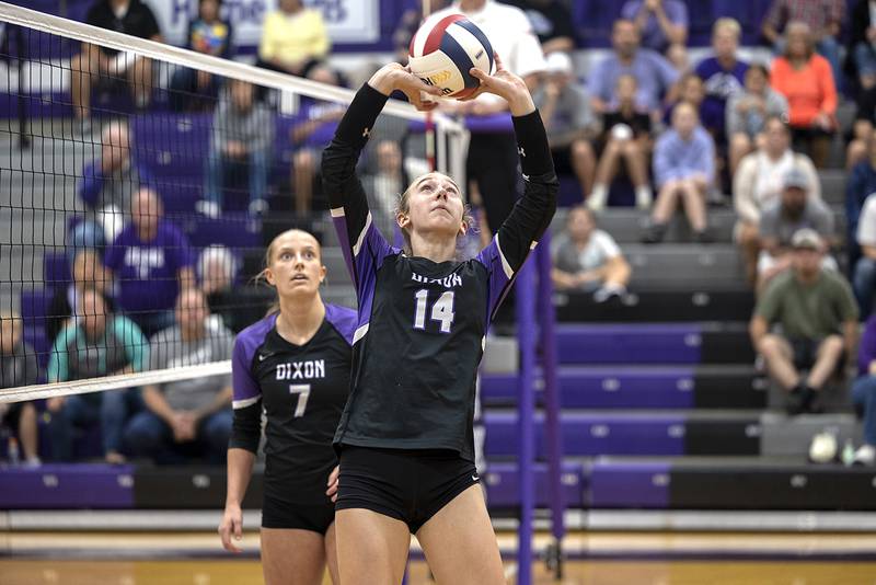 Dixon’s Leah Carlson sets against L-P Tuesday, Oct. 29, 2024, at the class 3A regional semifinal in Dixon.