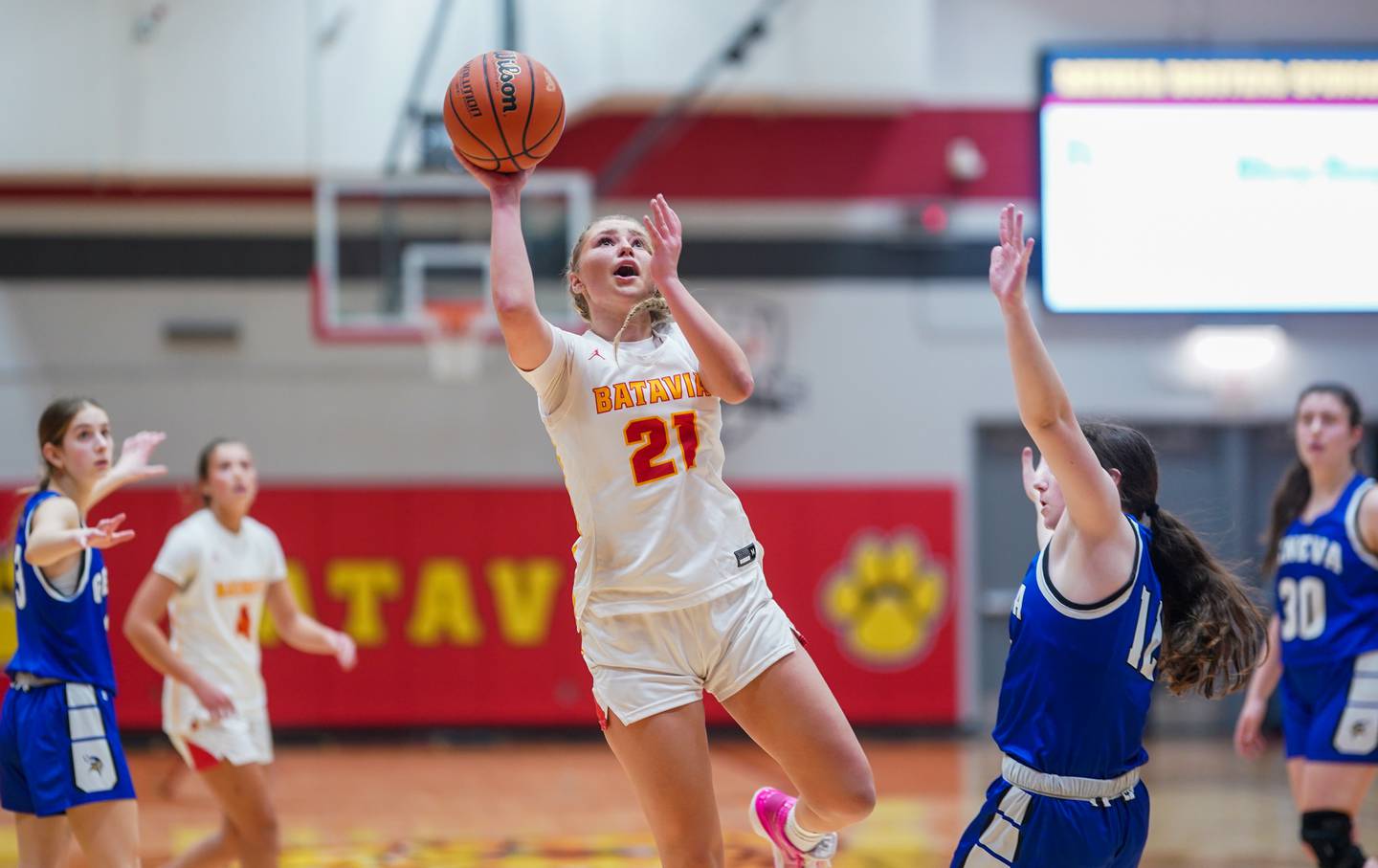 Batavia’s Kylee Gehrt (21) shoots the ball in the paint late in overtime against Geneva during a basketball game at Batavia High School on Friday, Jan 26, 2024.
