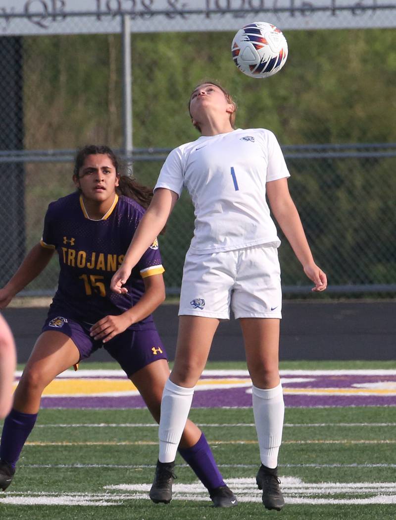 Princeton's Olivia Mattingly jumps in front of Mendota's Cassie Gonzalez for a header during the Class 1A Regional semifinal game on Tuesday, May 9, 2023 at Mendota High School.