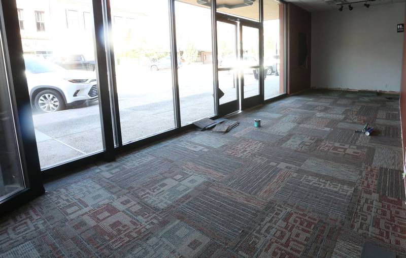A view of the new carpeting in the lobby area on Monday, Sept. 29, 2025 at Stage 212 in La Salle. Crews also installed new seating.  Other renovation work at the theater includes a new stage curtain, acoustic panels for the walls, ceiling repairs, HVAC improvements, sound enhancements and lighting upgrades and painting.