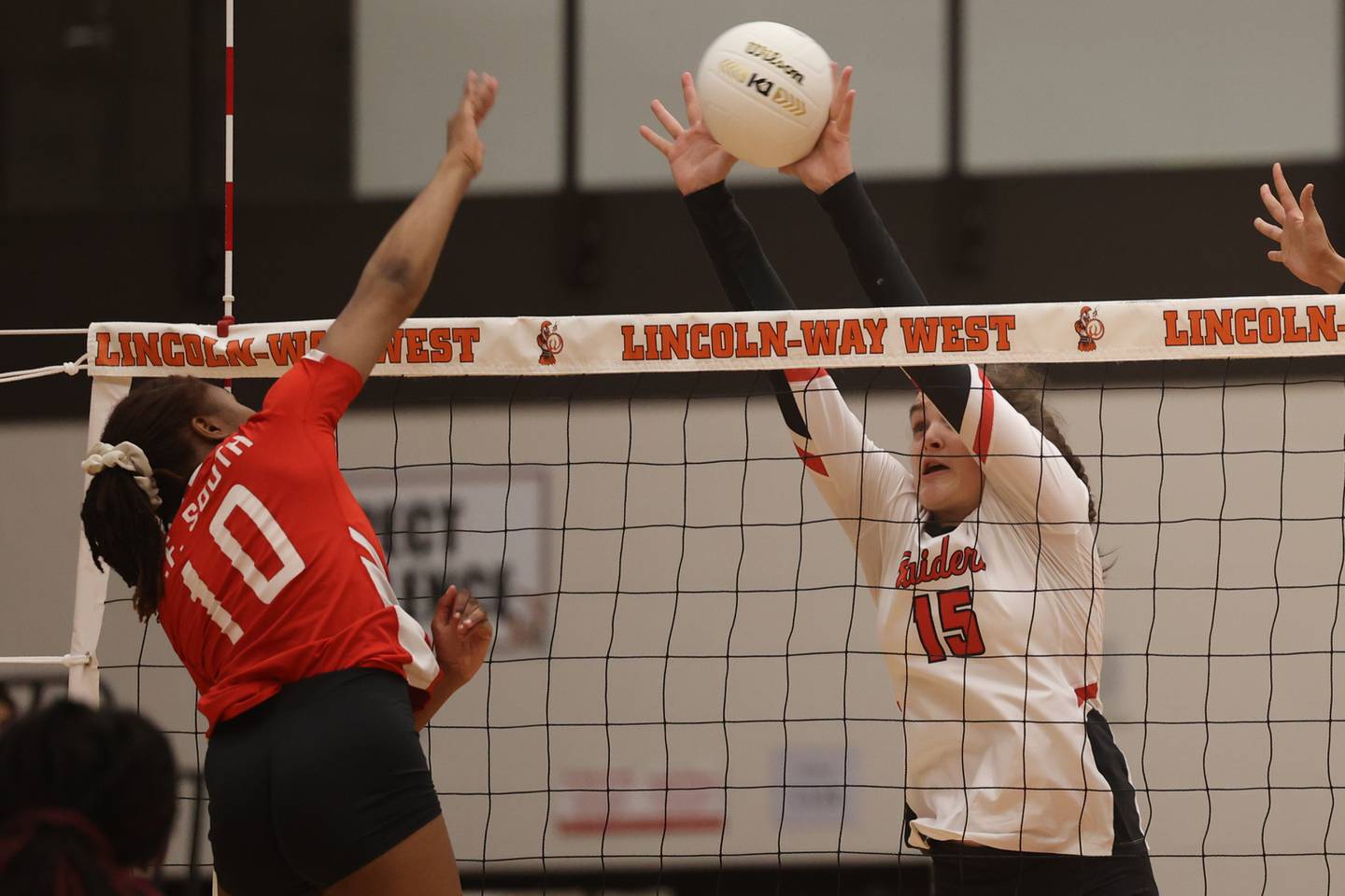 Bolingbrook’s Madison Shroba blocks a shot by T.F. South’s Nyrobi Moore in the Class 4A Lincoln-Way West Regional semifinal on Tuesday.