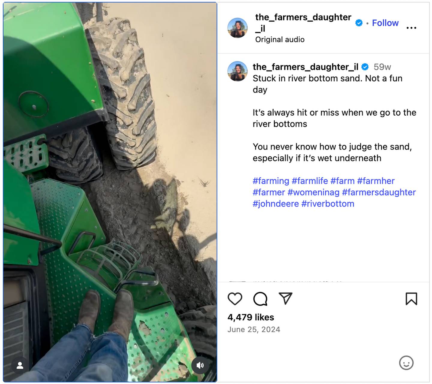 Brandy Renshaw posted on Instagram when her tractor was stuck in the mud in June 2024.