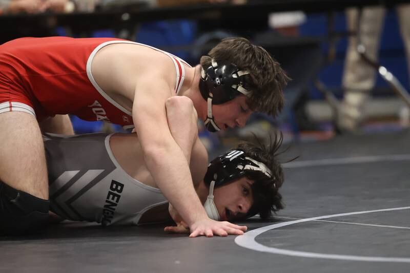 Yorkville’s Ryder Janeczko works over Plainfield East’s Niko Duggan in the Southwest Prairie Conference 157 pound Championship at Joliet Central on Saturday, Jan. 20th, 2024.