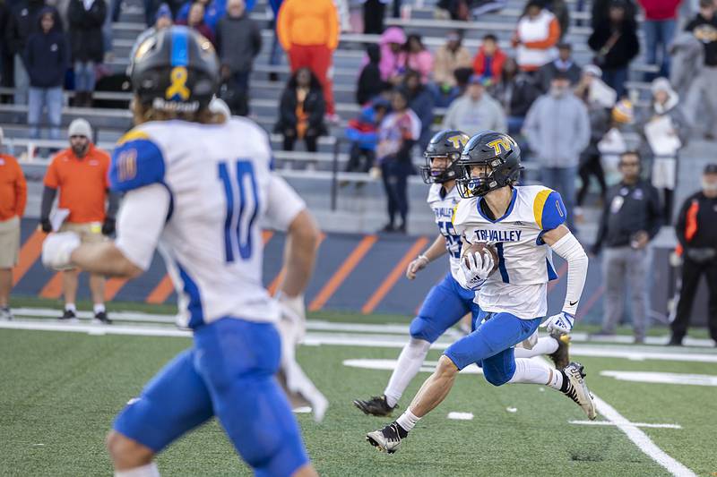 Tri-Valley’s Cade Danko runs a late game kick-off back against St. Teresa Decatur in the class 2A IHSA football state championship game Friday, Nov. 25, 2022.