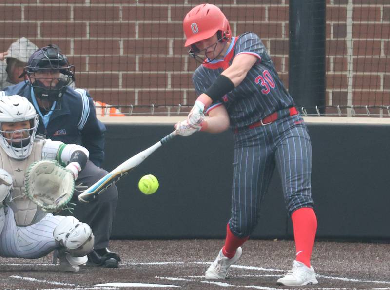 Ottawa's Aubrey Sullivan makes contact with the ball on Friday, May 1, 2026 at Seneca High School.