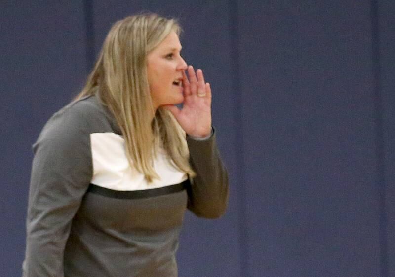 St. Bede head volleyball coach Abbi Bosnich coaches her team against Bureau Valley on Tuesday, Sept. 5, 2023 at Bureau Valley High School.