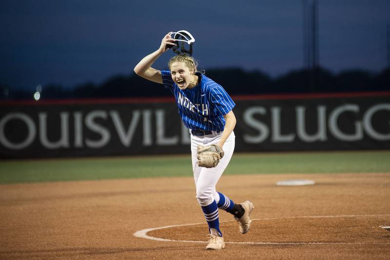 St Charles North’s Paige Murray celebrates after beating Edwardsville Friday, June 10, 2022 in the class 4A IHSA state softball semifinal game.