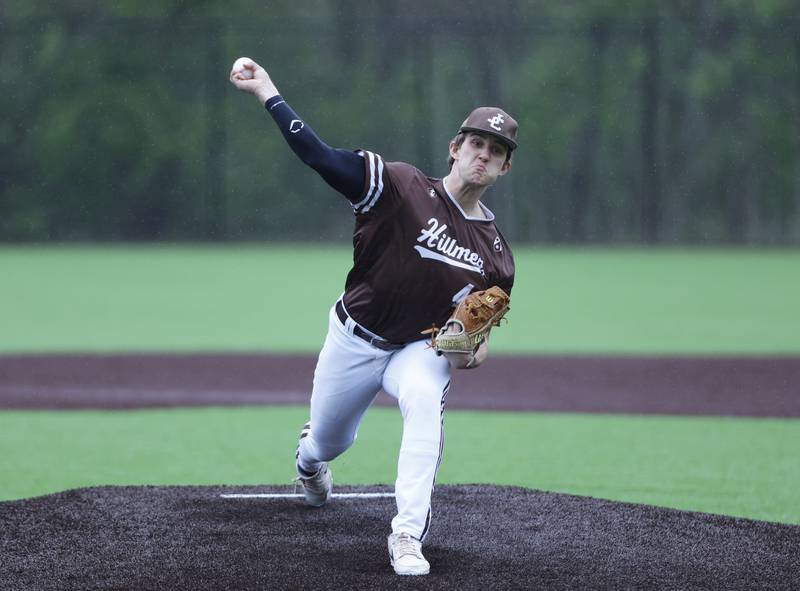 Joliet Catholic's Ian Campbell (44) pitches during the varsity baseball game on Wednesday, April 20, 2025 between Nazareth and Joliet Catholic academies in La Grange Park.