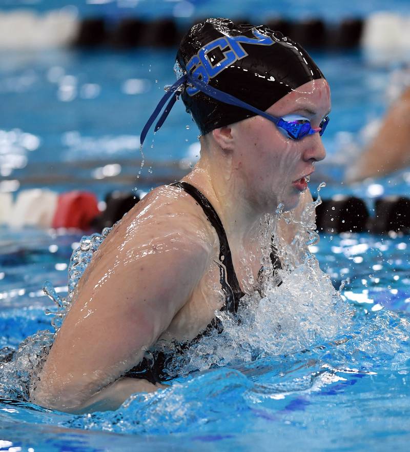 St. Charles North’s Kate Farrell swims breaststroke in the 200-yard individual medley during the girls state swimming preliminaries at the FMC Natatorium on Friday, Nov. 14, 2025 in Westmont.