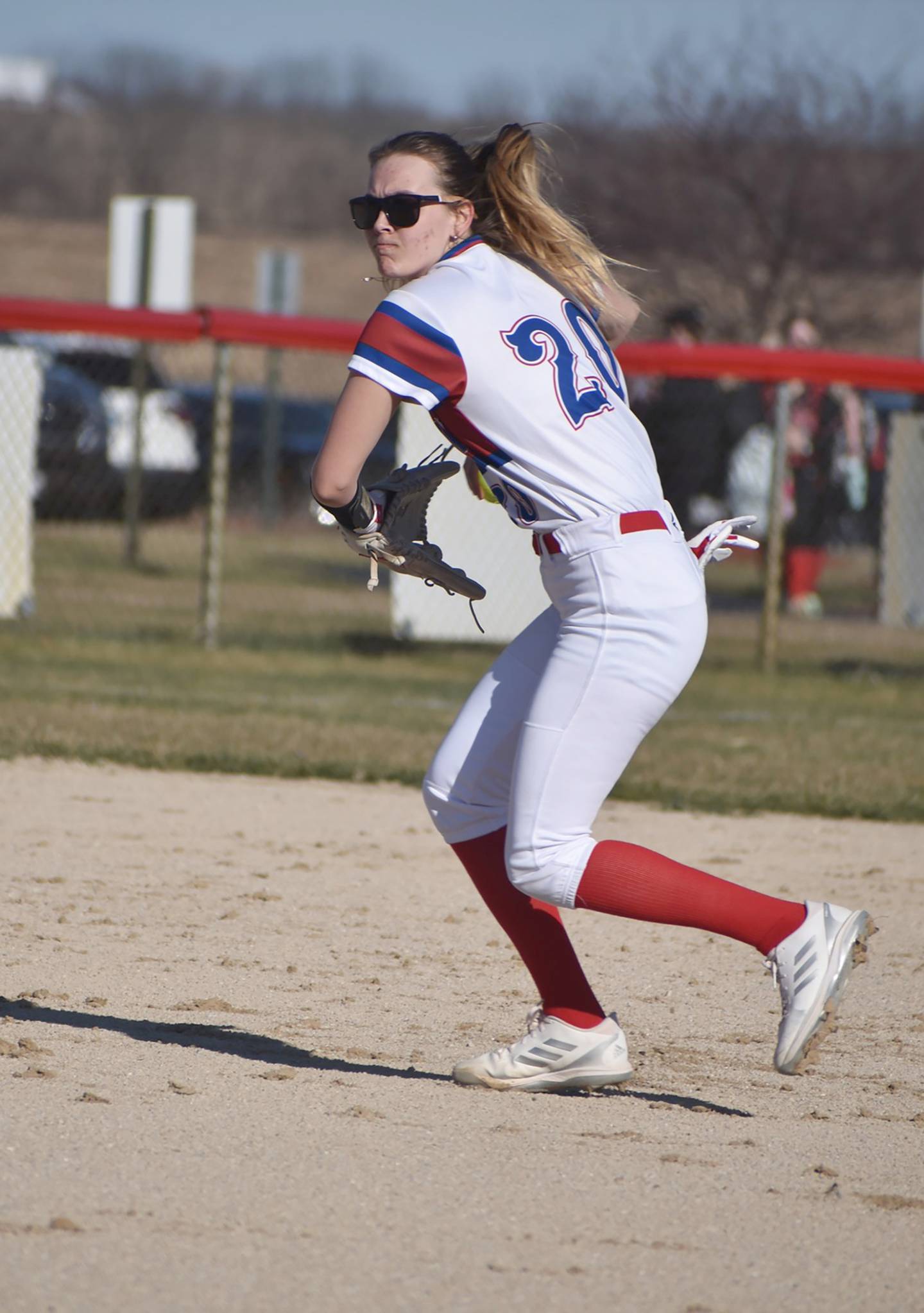 Morrison's Jordan Eads gets ready to throw to first during a Friday, March 15, 2024 game with Fulton at the Morrison Sports Complecx.