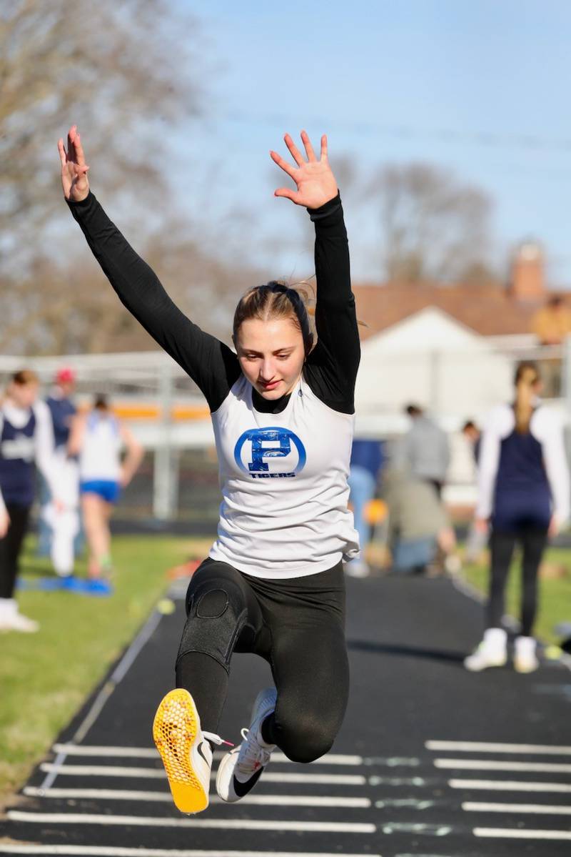 Princeton's Ashlyn Weber jumps in Thursday's Howard-Monier Girls Invitational at Princeton. She took first place.