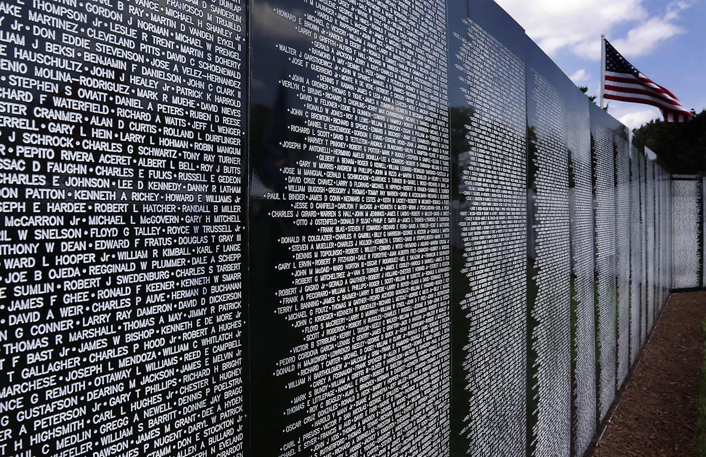 Names on the Vietnam Traveling Memorial Wall at the VFW Post 4600 in McHenry, on Friday, July 14, 2023. The 3/5 scale wall Will be at the post and open to the public until Sunday evening and will hold an opening  ceremony at 10 a.m. on Saturday.