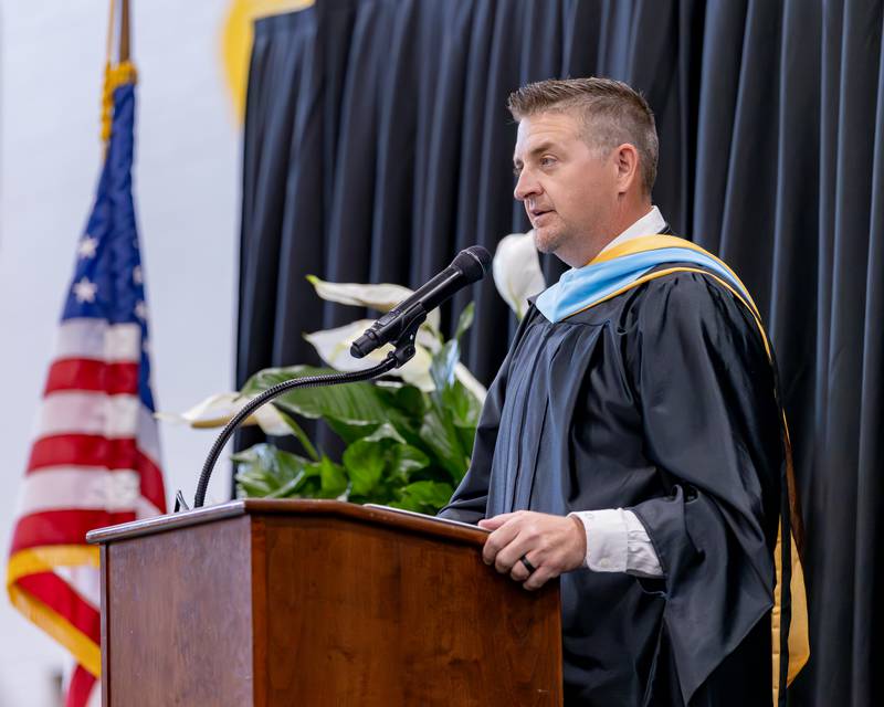 Dr. Dan Stecken welcomes graduation attendees in an opening speech during the Seneca High School Class of 2026 Graduation on May 17, 2026 at Seneca High School.