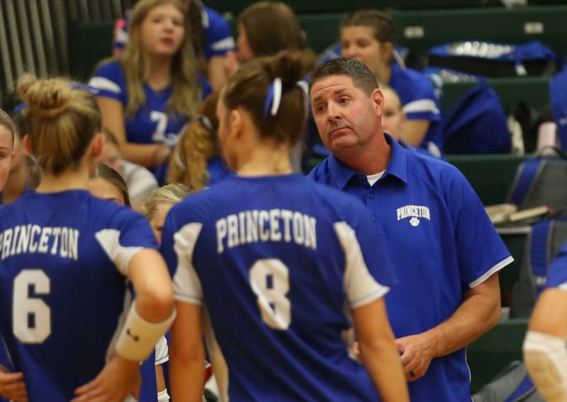 Princeton head volleyball coach Andy Puck talks to team members Caroline Keutzer and teamamte Keighley Davis on Tuesday, Aug. 26, 2025 in AJ Sellett Gymnasium at L-P High School.